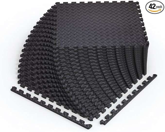 Norsk Foam Floor Gym Mats with Interlocking Tiles, .47" Thick, 24"x24", 42-Pack, 168 Square Feet, Diamond Plate Design, Black