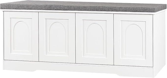 DINZI LVJ Shoe Bench, Entryway Storage Bench with Doors, Cushion, 2-Tier Shoe Rack with 8-Cubby, 47.2”L x 13.8”W Shoe Organizer Cabinet, Adjustable Shelf, Living Room, Bedroom, White