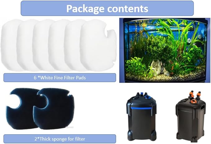 Compa tible with AMOSIJOY 172/225/265 GPH Tank Filters, 6 Pack of White Fine Filter Pads + 2 Coarse Sponge Inserts for PondForse Aquarium Filters (8 Pads Total)
