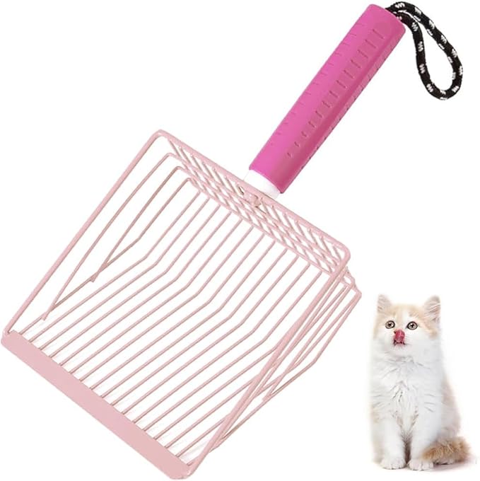 Cat Litter Scoop, 2-in-1 Detachable Ergonomic Handle, Metal, Bar Grid Shape with Suspendable Cord (Pink)