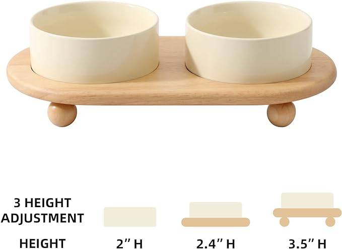 Ceramic Elevated Cat Food and Water Bowl, Kitty Bowl, Raised Cat Dish, Pet Feeder (5.1 in, 2 x Beige + Stand)