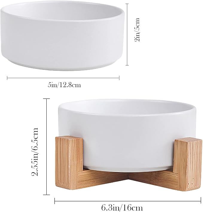 Ceramic Dog Cat Bowl with Wood Stand,Cat Food & Water Bowls Elevated Non-Spill Modern Cute Kitty Dishes Heavy Weighted Round Pet Dishes Set for Kitten Small Cat(White)