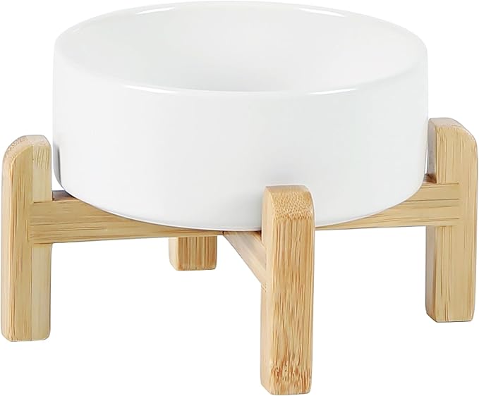 Ceramic Raised Dog and Cat Bowl Set, 2 Heights Elevated Stand, Food and Water Bowl for Small Breed Dogs, Cats, Kitty, Weighted Dog Dishes, Pet Bowls(5.1'',13.5oz, White)