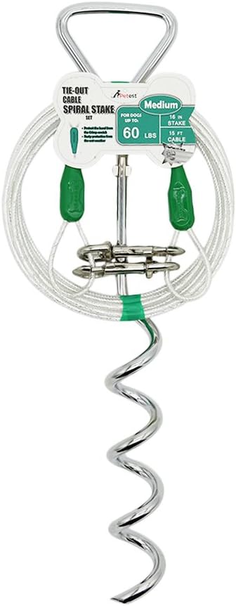 Petest 16 Inch Spiral Stake with 15ft Reflective Tie-Out Cable for Medium Dogs Up to 60 Pounds DarkGreen & Silver
