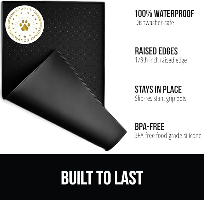 GORILLA GRIP 100% Waterproof Raised Edge BPA Free Silicone Pet Feeding Mat, Dog Cat Food Mats Contain Spills Protects Floors, Placemats for Cats and Dogs Water Bowl, Pets Accessories 16x10, Black