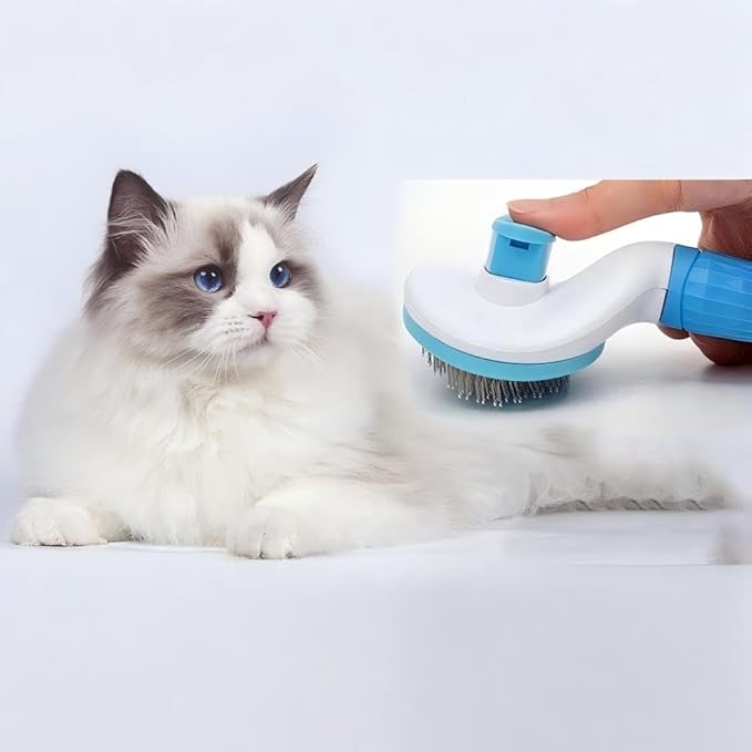 Cat Hair Brush, Cat Brush for Shedding with Metal Comb, Self Cleaning Pet Hair Brush with Release Button - Skin Friendly Deshedding Grooming Brush for Short and Long Haired Cats
