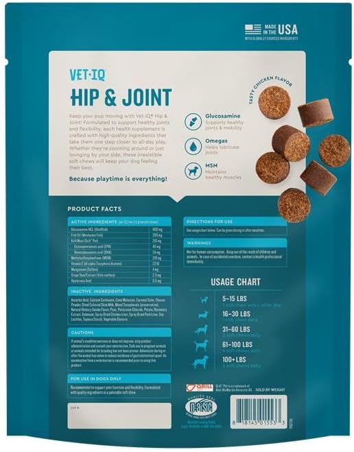 VetIQ Glucosamine Hip & Joint Supplement for Dogs, 180 Soft Chews, Dog Joint Support Supplement with MSM and Krill, Dog Health Supplies Large & Small Breed, Chicken Flavored Chewables