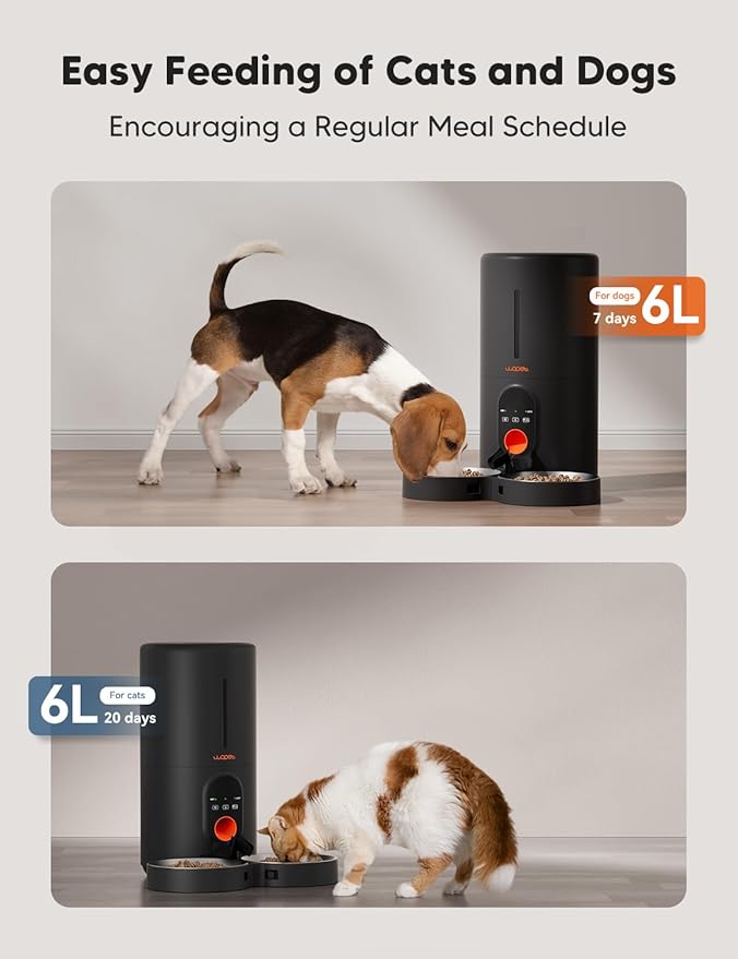 WOPET Automatic Cat Feeder, 5G WiFi Pet Feeder for Two Cats or Dogs with Remote Control, 6L Cat Food Dispenser with Low Food Sensor, 1-10 Meals Per Day, Up to 10s Meal Call for Pets