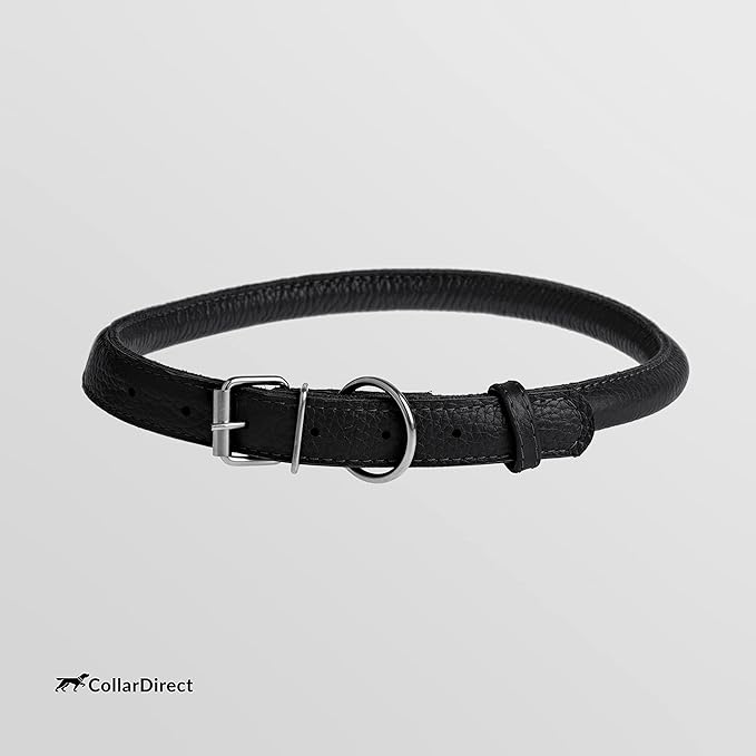 CollarDirect Rolled Leather Dog Collar, Soft Padded Round Puppy Collar, Handmade Genuine Leather Collar Dog Small Large Cat Collars 13 Colors (15-19 Inch, Light Blue Textured)