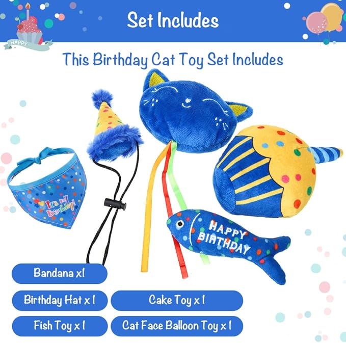 BINGPET Cat Birthday Catnip Toys for Indoor Cats,Cat Birthday Hat,Bandana and Cat Birthday Cake Interactive Plush Kitten Chew Toys,Cute Fish,Balloon Toys with Crinkle Paper and Catnip Inside(Blue)