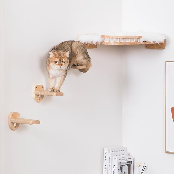 3pcs Cat Wall Steps, Climbing Mounted Furniture, Shelves With Hemp Rope Covered, Solid Wood Ladder for Playing and Climbing (Large-Wood)