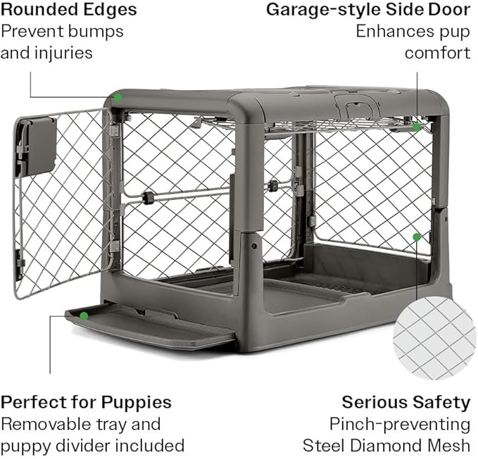 DIGGS Revol Collapsible Dog Crate with Wheels - Premium Portable Dog Crate - Safe, Stylish, and Convenient Indoor Kennel (Smoke, Small)
