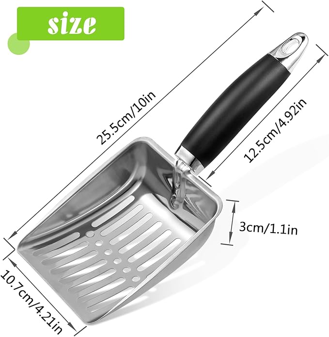 Cat Litter Scoop - Stainless Steel Metal Cat Litter Scoop-Sturdy Mesh Scooper - Mesh Shovel-Easy to Clean - Suitable for Cat Litter Box - Light Black