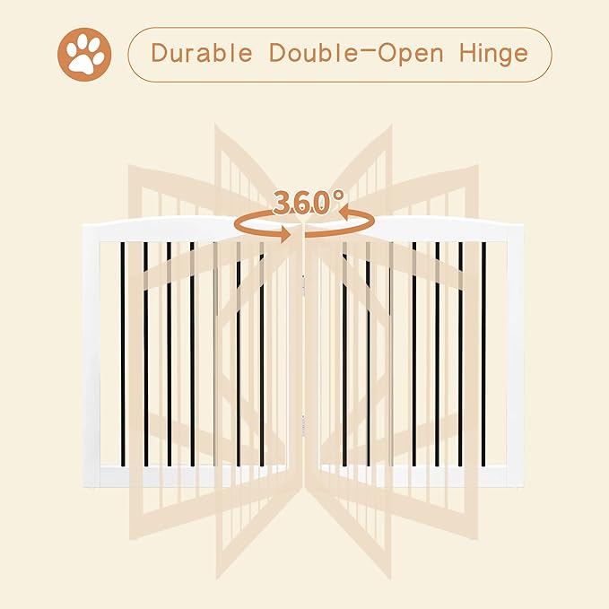 Freestanding Pet Gate for Dogs, Foldable Wooden Dog Gate for House, Extra Wide Indoor Pet Barrier for Stair, Doorway, Hall, Support Feet Included, 120 Inch Wide, 6 Panels 24", White