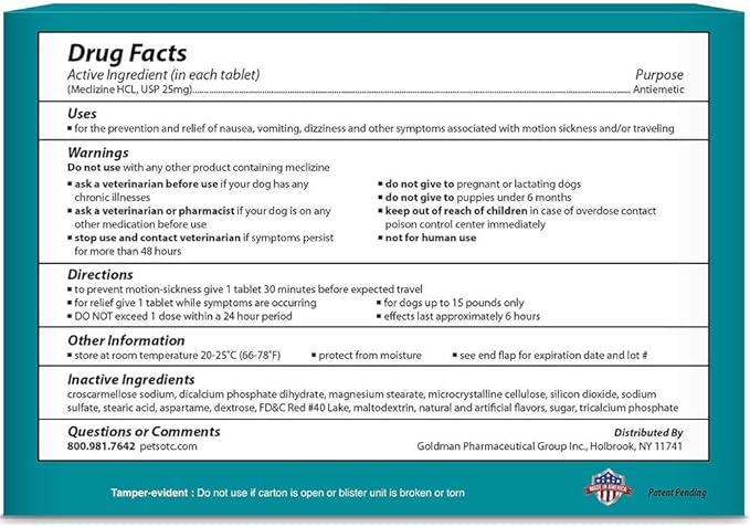 Anti-Motion Sickness and Nausea Relief for Small Breed Dogs, Relief for Disorientation and Dizziness, 10 Tablets