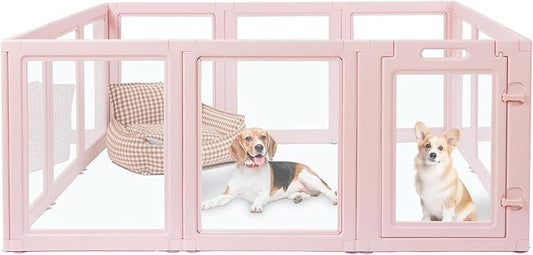 DIY Clear Acrylic Dog Playpen House,Quick Easy Assembly and Disassembly,Strong Floor Suction,Indoor and Outdoor Use,Easy Cleansing Puppy Fence (Skin Pink, 23.6" H, 10PCS)