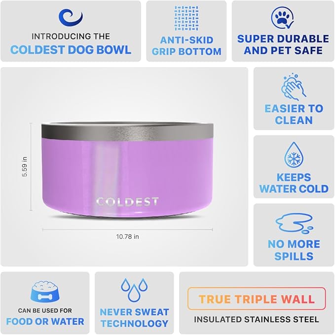 Coldest Dog Bowl - Anti Rust Metal, Non Slip, 3 Layers Insulated Stainless Steel Dog Bowls - Spill Proof & Heavy Duty - Water Bowl for Dogs, Cats, Dish Washer Safe (200 oz, Saturns Purple Glitter)
