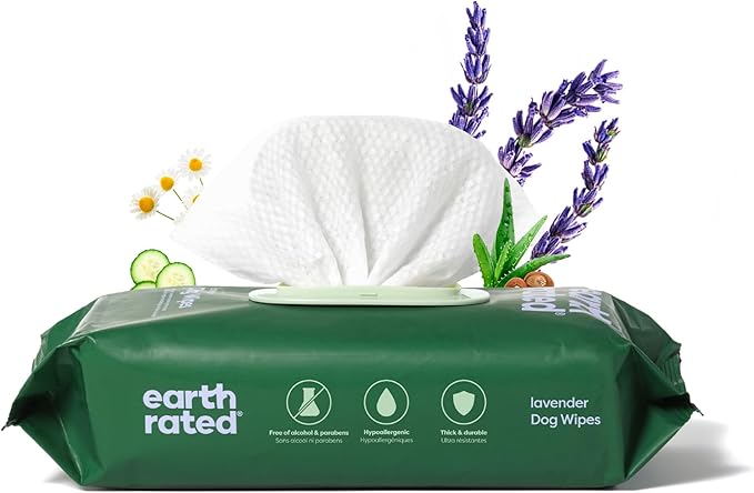 Earth Rated Dog Wipes, Hypoallergenic, Cleaning and Hydrating, for Grooming Paws, Body and Butt, Lavender Scented, 100 Count