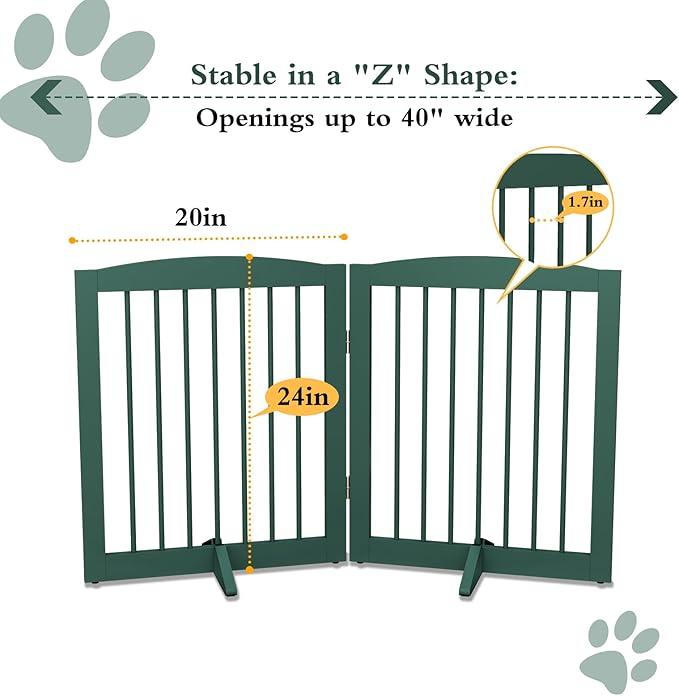 Freestanding Pet Gate for Dogs, Foldable Wooden Dog Gate for House, Stairs, Doorways, Step Over Pet Puppy Safety Fence,Support Feet Included,24" Height 2 Panels, Green