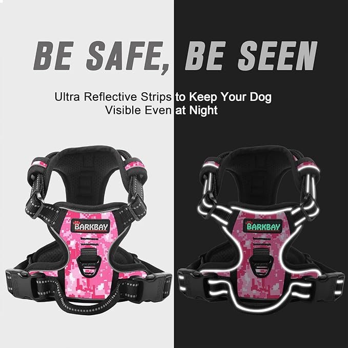 BARKBAY No Pull Dog Harness Front Clip Heavy Duty Reflective Easy Control Handle for Large Dog Walking(Pink camo,S)