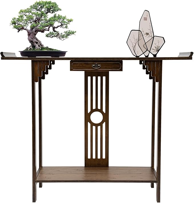 Console Table with Storage Shelves, 2 Tiers L 40.1” Narrow Sofa Table with Drawers, Bamboo Entryway Table for Small Spaces, Living Room Hallway Foyer Corridor Wood Entry Table