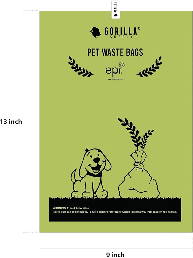 GORILLA SUPPLY Dog Poop Waste Bags with Dispenser and Leash Tie, 9" x 13", Green, 1000 Count