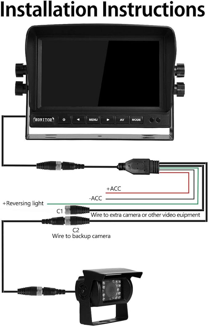 Backup Camera System Kit 7" LCD Reversing Monitor +Rear View Back Up Camera with 170 ° Wide Angle, Waterproof IP68, 18 Infrared Night Vision for Trucks/RV/Trailers/Bus/Vans/Box Truck