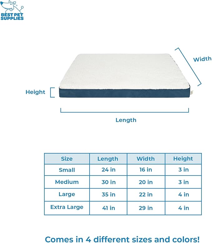 Best Pet Supplies Cute Dog Crate Mat Flat Bed with Waterproof Exterior, Thick Orthopedic Egg Foam Mattress, and Soft Sherpa Fleece Cover for Small, Medium, and Large Breeds - Blue, 30X20X3