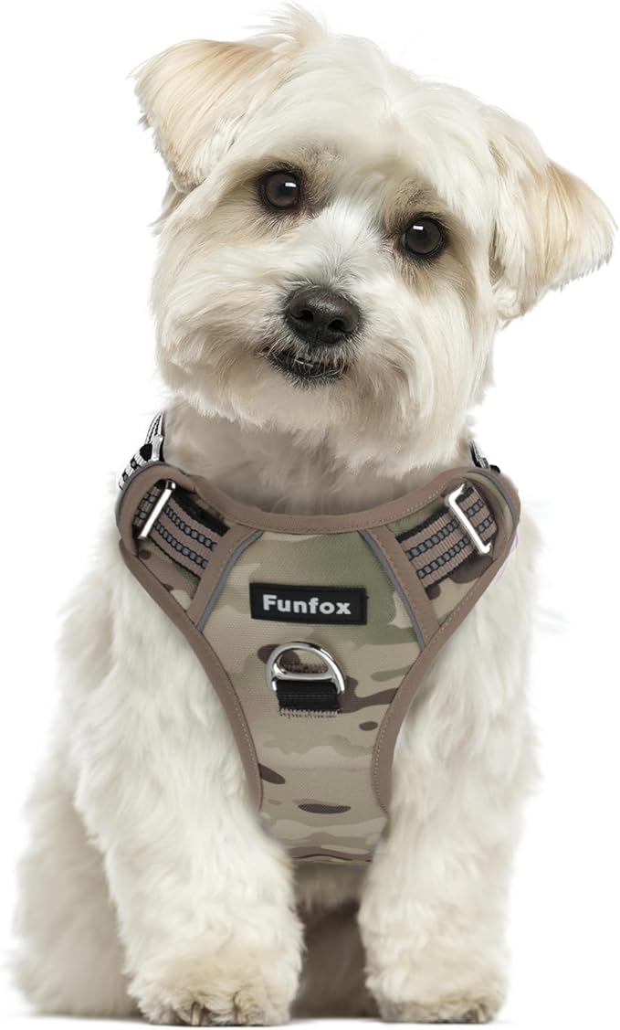 Funfox Dog Harness No Pull, Adjustable Pet Vest Harness, Super Soft Material with Vertical Handle Easy Control, Reflective Night Walking, 2 Leash Clips for Small Sized Dogs, Camo Brown, S