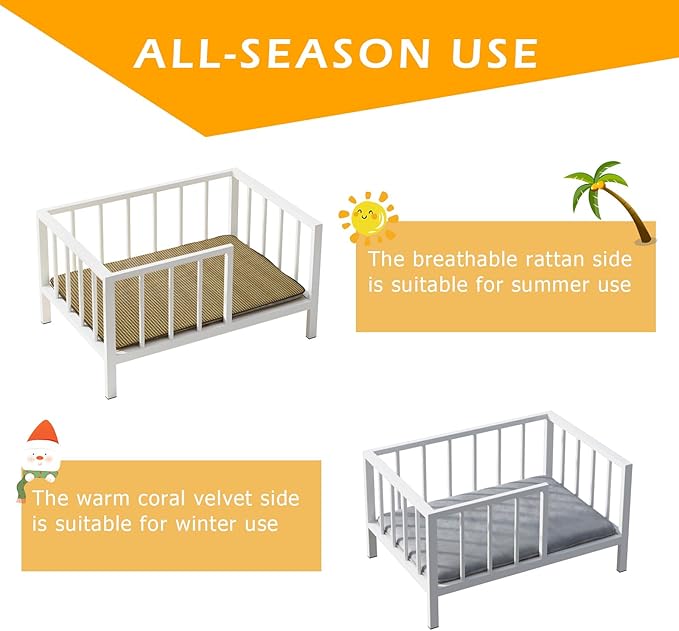 Dog Bed with Rails - Elevated Pet Metal Bed Frame with Solid Wood Board and Washable Soft Mat for Small Dog Indoor or Outdoor Use, 21.3" x 30 ", White