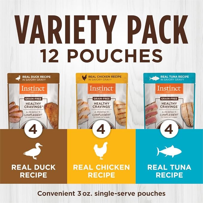 Instinct Healthy Cravings Natural Wet Cat Food Topper, Grain Free Recipe - Variety Pack, 3 oz. Pouches (Pack of 12)