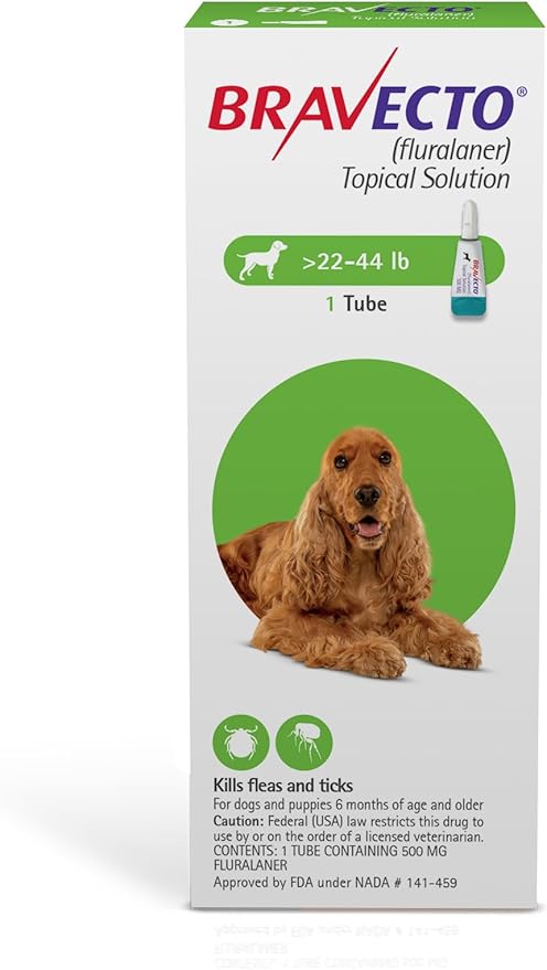 BRAVECTO Topical Solution for Dogs, Flea & Tick, 12 Week Supply, >22-44 lbs., Green Box
