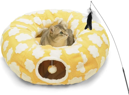 Cat Tunnel Bed for Indoor Cats,Soft Peekaboo Cave Cat Donut Tunnel with Washable Circle Cushion Central Mat, 3 Ways Shaped Round Pet Play Tunnel Toy for Kitten Puppy Rabbit Ferret Yellow