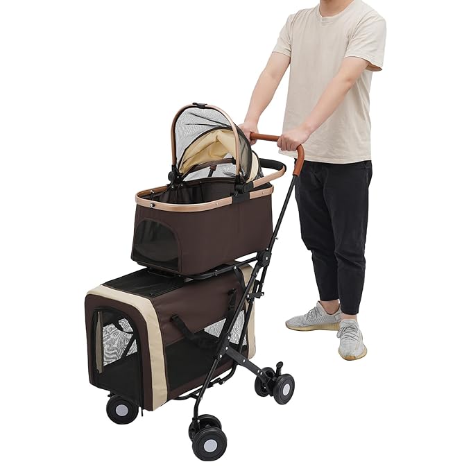 Foldable Pet Stroller for Small & Medium Dogs, Double Dog & Cat Stroller with 3-in-1 Travel System, Detachable Pet Carrier with Wheels for Cats and Dogs up to 77 lbs, Coffee Color