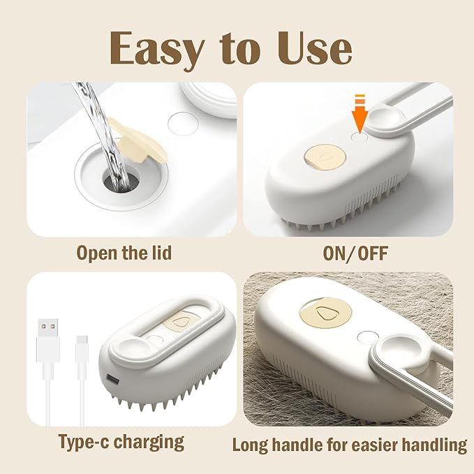 Cat Steam Brush, 3 in 1 Pet Spray Hair Removal Comb, Cats and Dogs Brush for Shedding, Rechargeable Silicone Pet Steam Brushes, Spritz Defur Comb for Massage, Cleaning and Remove Loose Hair - White