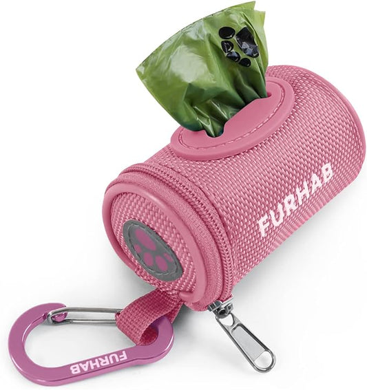 Dog Poop Bag Holder for Leash Doggie Waste Bag Dispenser Soft Fabric Puppy Potty Carrier Small Doggy Zipper Pouch with Carabiner Clip 1680D Nylon Oxford with 1 Roll of Pet Trash Bags, Pink