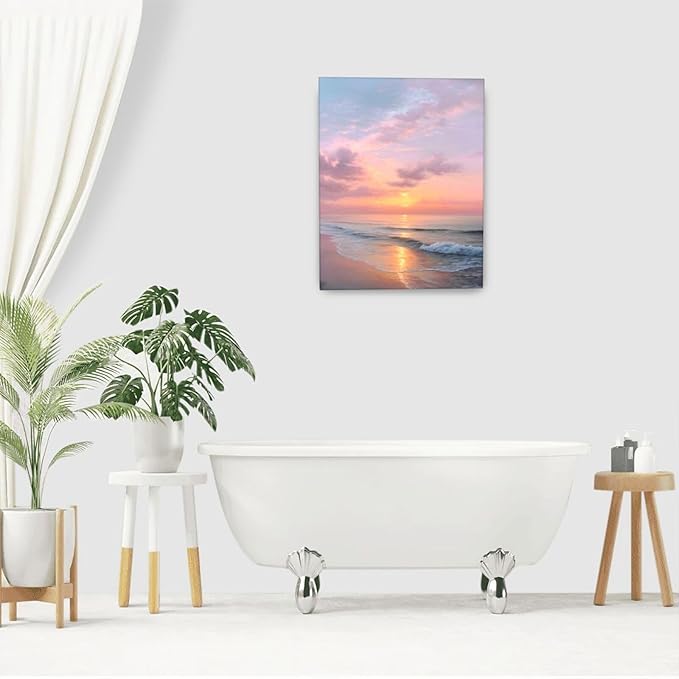 Beach Sunset Wall Art Ocean Coastal Scenery Wall Decor Seascape Picture Canvas Landscape Painting Print Framed Artwork Decorations for Living Room Office Bedroom Kitchen 16"x20"
