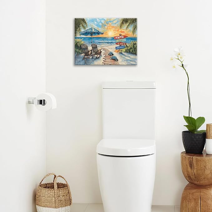 Beach Ocean Bathroom Pictures Wall Art, Seaside Coastal Bathroom Wall Decor, Sunrise Framed Painting Canvas Artwork for Bedroom Living Room Decorations 20"L x 16"W