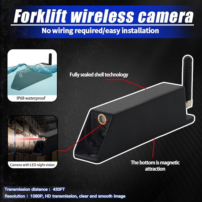 7-inch Forklift Reversing Monitor, HD Night Vision 1080P Magnetic Wireless Reversing Camera, Waterproof IP68, IR Laser Positioning Camera for Forklifts, Vans, Trucks and Trailers