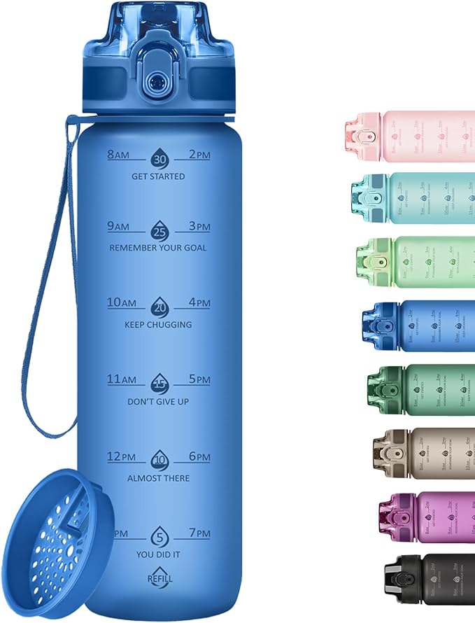 32oz Motivational Water Bottles with Time Marker & Fruit Strainer, Transparent Gradient Color Water Bottle with Times to Drink, Leakproof & BPA Free, Reusable Bottle with Strap (No Straw)