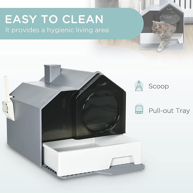 PawHut Hooded Cat Litter Box with Kitty Litter Mat, Kitty Litter Pan with Odor Control, Easy-Clean Pull-Out Drawer, Handle, Scoop, Gray