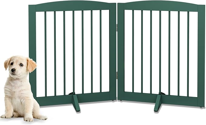 Freestanding Pet Gate for Dogs, Foldable Wooden Dog Gate for House, Stairs, Doorways, Step Over Pet Puppy Safety Fence,Support Feet Included,24" Height 2 Panels, Green