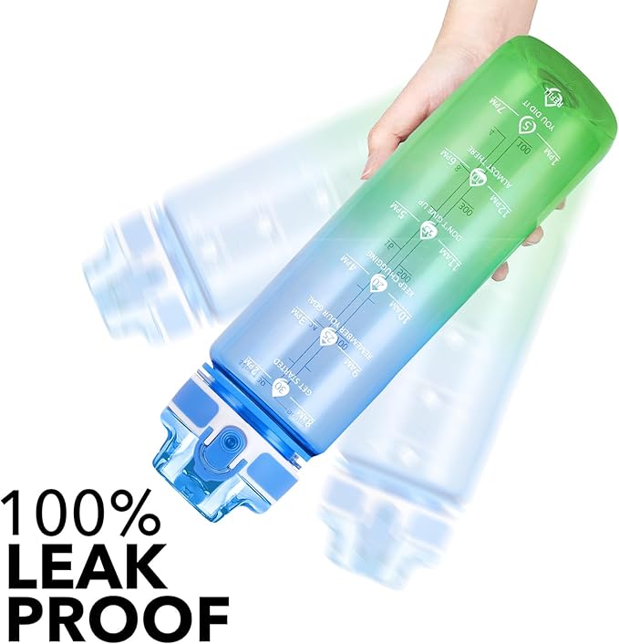 32oz Motivational Water Bottles with Time Marker & Fruit Strainer, Transparent Gradient Color Water Bottle with Times to Drink, Leakproof & BPA Free, Reusable Bottle with Strap (No Straw)