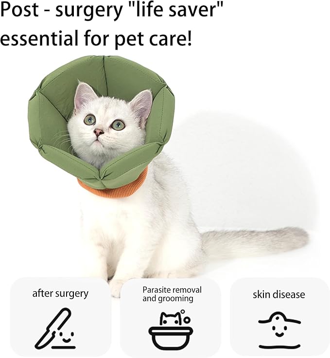 Cat Cone Collar - Soft Waterproof Elizabethan for Cats, Cute Green Flower Anti-Lick Recovery Collar, Adjustable Healing Collar for Wound Care & Surgery，L
