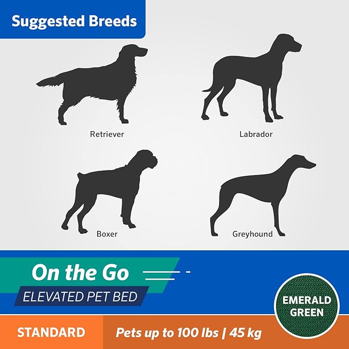 Coolaroo On-The-Go Elevated Dog Bed - Foldable Pop-Up Travel Dog Bed with Breathable, Moisture-Resistant Fabric, Carry Bag Included, Lightweight & Portable, Emerald Green, Large