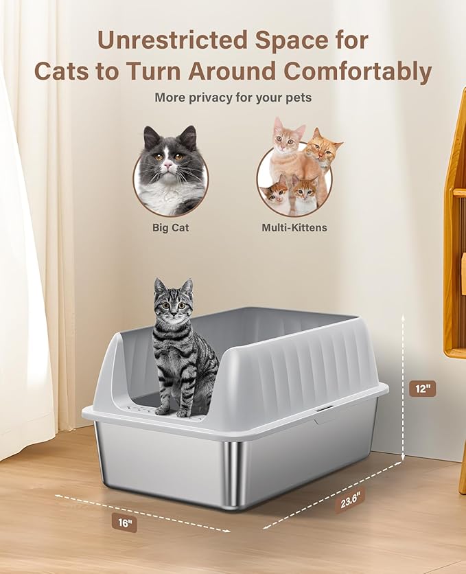 Cat Litter Box Stainless Steel XL with Lid, Enclosed Metal Extra Large Litter Box Pan High Sided with Scoop for Big Cats, Non-Sticky, Anti-Urine Leakage, Easy Cleaning