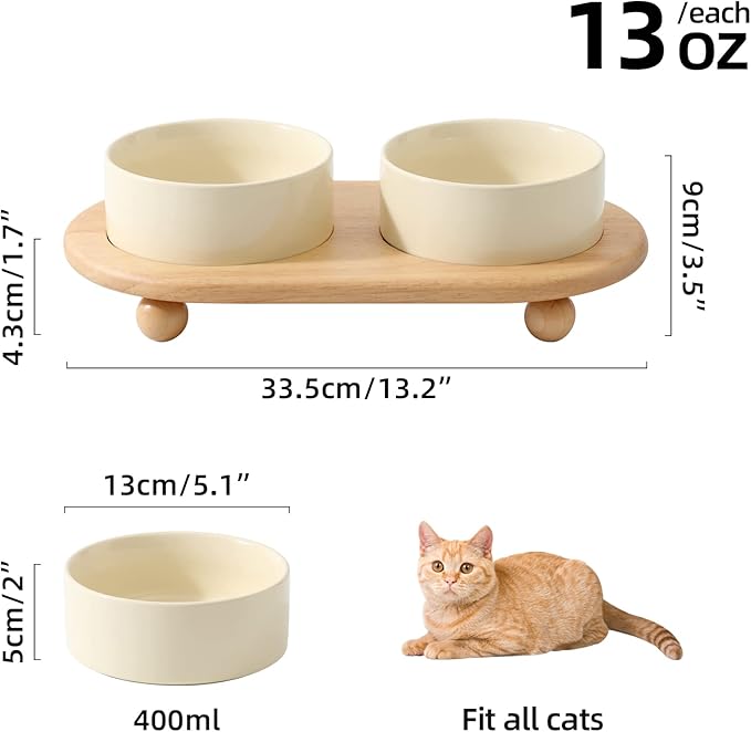 Ceramic Elevated Cat Food and Water Bowl, Kitty Bowl, Raised Cat Dish, Pet Feeder (5.1 in, 2 x Beige + Stand)