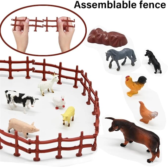 BOLZRA Mini Barn Playset, 66PCS Plastic Animals Figurines and Fence, Farm Figures Farmer Vehicle Toy Truck with Trailer for 3-12 Years Old Kids Boys Girls Toddlers