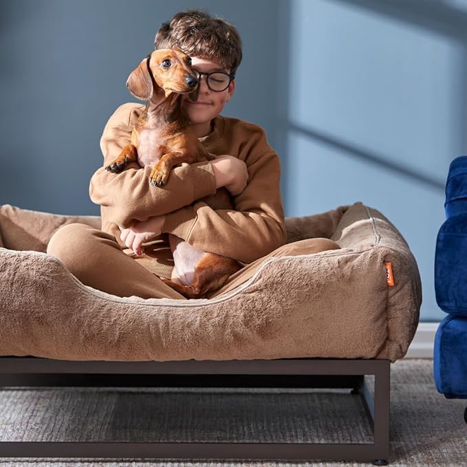 FUZI Luxury Aesthetic Dog Bed for Medium Dogs with Washable Cover, Pet Couch, Pet Bed with Sides, Non-Slip Bottom, Soft and Durable Calming Dog Bed, Faux Rabbit Fur, Medium 31.75x23.6x9.5 Light Brown