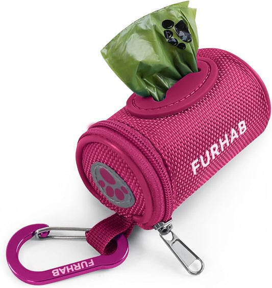 Dog Poop Bag Holder for Leash Doggie Waste Bag Dispenser Soft Fabric Puppy Potty Carrier Small Doggy Zipper Pouch with Carabiner Clip 1680D Nylon Oxford with 1 Roll of Pet Trash Bags, Rose Red